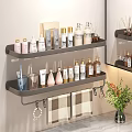 Bathroom Accessories Organized On Wall Mounted Shelves With Towel Hooks And Storage