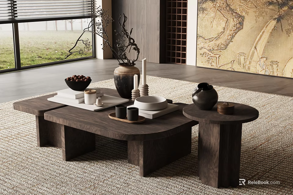Modern Dark Wooden Coffee Table With Vase Bowl And Side Table On Beige Rug 3d model 