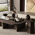 Modern Dark Wooden Coffee Table With Vase Bowl And Side Table On Beige Rug