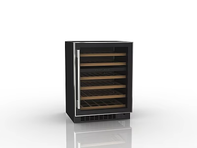 Sleek Black Kitchen Wine Cooler Appliance With Glass Door And Wooden Racks 3d model