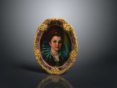 Portrait of a Woman with Red Hair Accessory in Oval Gold Frame and Ruffled Clothing 3d model