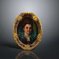 Portrait of a Woman with Red Hair Accessory in Oval Gold Frame and Ruffled Clothing