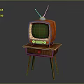 Vintage Orange Television With Antenna And Green Screen On Wooden Table