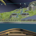 Tropical Night Landscape With Boat On Water Lush Greenery And Illuminated Coastal Buildings
