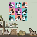 Stuffed Animal Plush Toys Display With Mickey Mouse Art Print And Wooden Horse