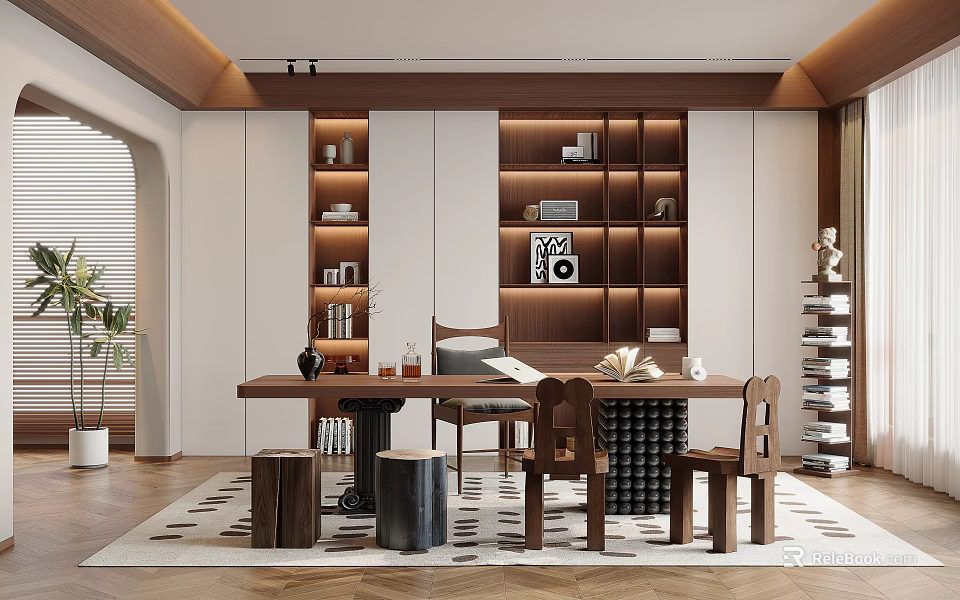 Modern Natural Study Room Interior With Wooden Bookshelves Desk Chairs And Potted Plant 3d model 