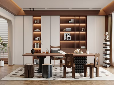 Modern Natural Study Room Interior With Wooden Bookshelves Desk Chairs And Potted Plant 3d model