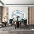 Traditional Chinese Hotel Mahjong Room Interior With Round Landscape Painting Green Chairs And Wooden Decor 3d model