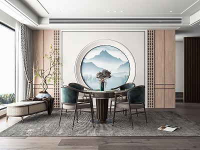 New Chinese Chess and Card Room Mahjong Room Mahjong Table Combination Mahjong House Tea Table and Chair Decorative Cabinet Background Wall 3d model