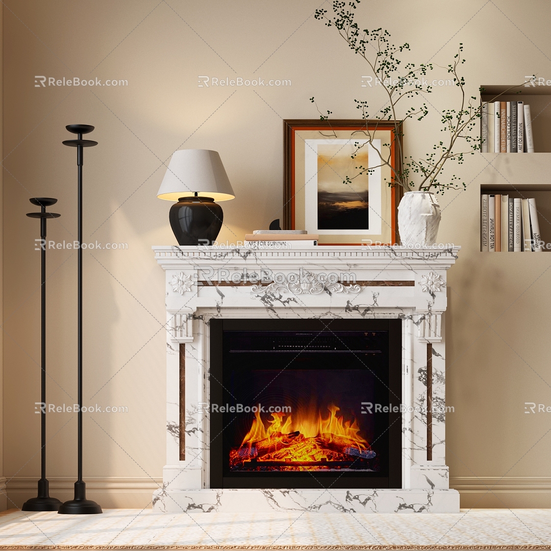 French Fireplace European Style Fireplace Marble Fireplace Plant Table Lamp Art Device 3d model