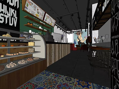 Dessert Shop Interior With Display Shelves Pastries Wooden Counter And Colorful Tiled Floor 3d model