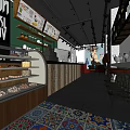 Dessert Shop Interior With Display Shelves Pastries Wooden Counter And Colorful Tiled Floor