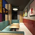 Modern Fast Food Restaurant Interior With Red Grid Ceiling Wooden Tables And Colorful Seats