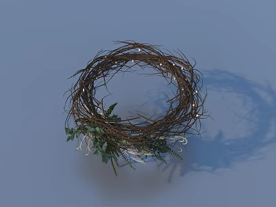 Handmade Wicker Wreath With Green Foliage And String Lights For Home Decor 3d model