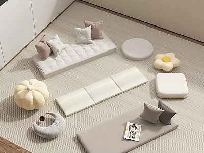 Cozy Living Space With Cushioned Bench Round Stool Flower Shaped Cushion Pumpkin Pillow And Magazine 3d model