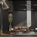 Modern Office Interior With Dark Wooden Partition Cactus Plants And Leather Sofa