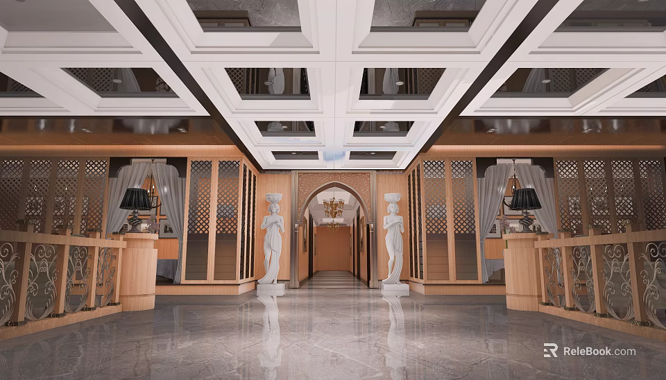 Grand Hotel Lobby Interior Featuring Ornate Ceiling Wooden Decor And White Statues 3d model 