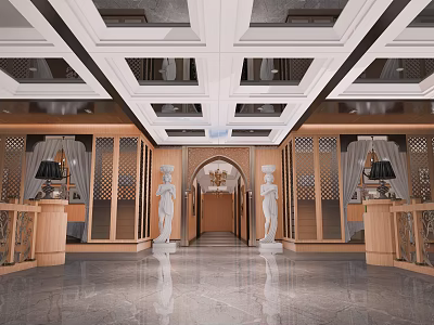 Grand Hotel Lobby Interior Featuring Ornate Ceiling Wooden Decor And White Statues 3d model