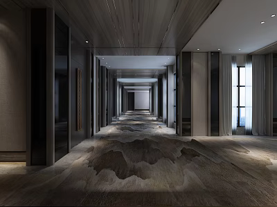 Elegant Modern Hotel Corridor With Patterned Carpet Recessed Lighting And Wooden Walls 3d model