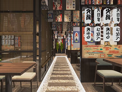Traditional Japanese Style Restaurant Interior With Hanging Lanterns Posters Bamboo Curtains And Stone Path 3d model