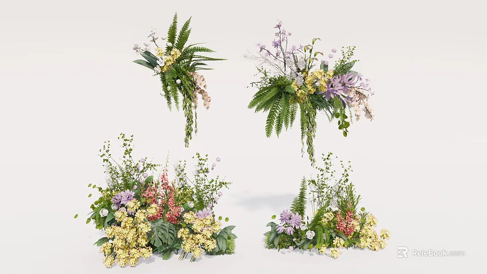 Floral Art Display With Various Colorful Flowers Green Plants And Diverse Arrangements 3d model 