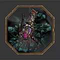 Armored Fantasy Character Statue Featuring Pink Hair Hexagonal Gold Base Green Interior Rock Details