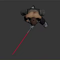 Bald Bearded Shirtless Character In Black Pants Sitting With Metal Arm Guards And Pink Sword