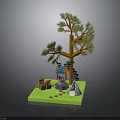 Miniature Camping Scene With Pine Tree Blue Tent Stone Steps And Black Cat