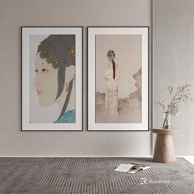 Two Framed Classical Female Portrait Paintings With Traditional Attire And Hair Ornaments For Interior Decor 3d model 