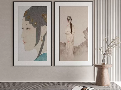 Two Framed Classical Female Portrait Paintings With Traditional Attire And Hair Ornaments For Interior Decor 3d model