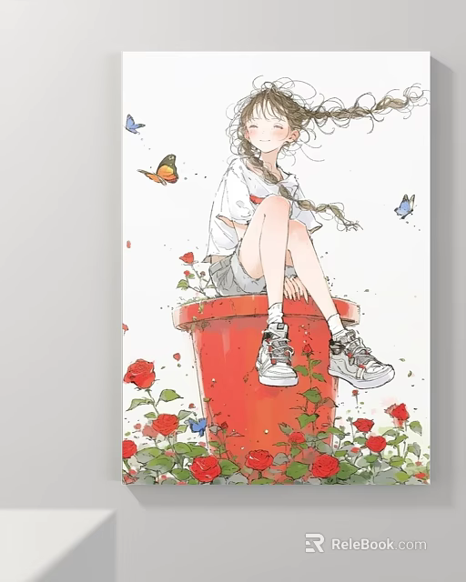 Anime Style Girl Sitting On Red Flower Pot With Red Roses And Butterflies 3d model 