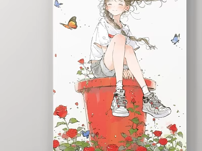 Anime Style Girl Sitting On Red Flower Pot With Red Roses And Butterflies 3d model