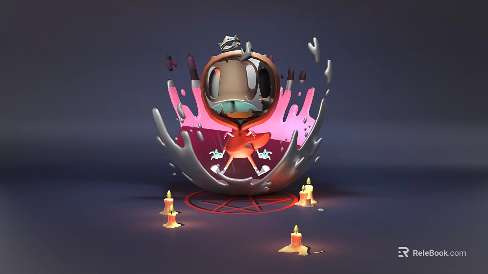 Game Movie Character Breaking Out of Cracked Eggshell with Pink Purple Background and Burning Candles 3d model 