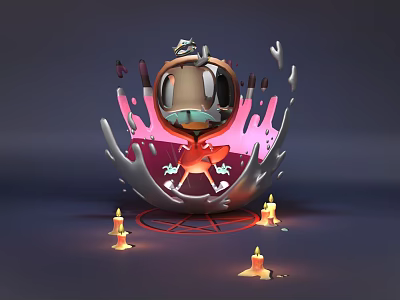 Game Movie Character Breaking Out of Cracked Eggshell with Pink Purple Background and Burning Candles 3d model