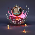 Game Movie Character Breaking Out of Cracked Eggshell with Pink Purple Background and Burning Candles