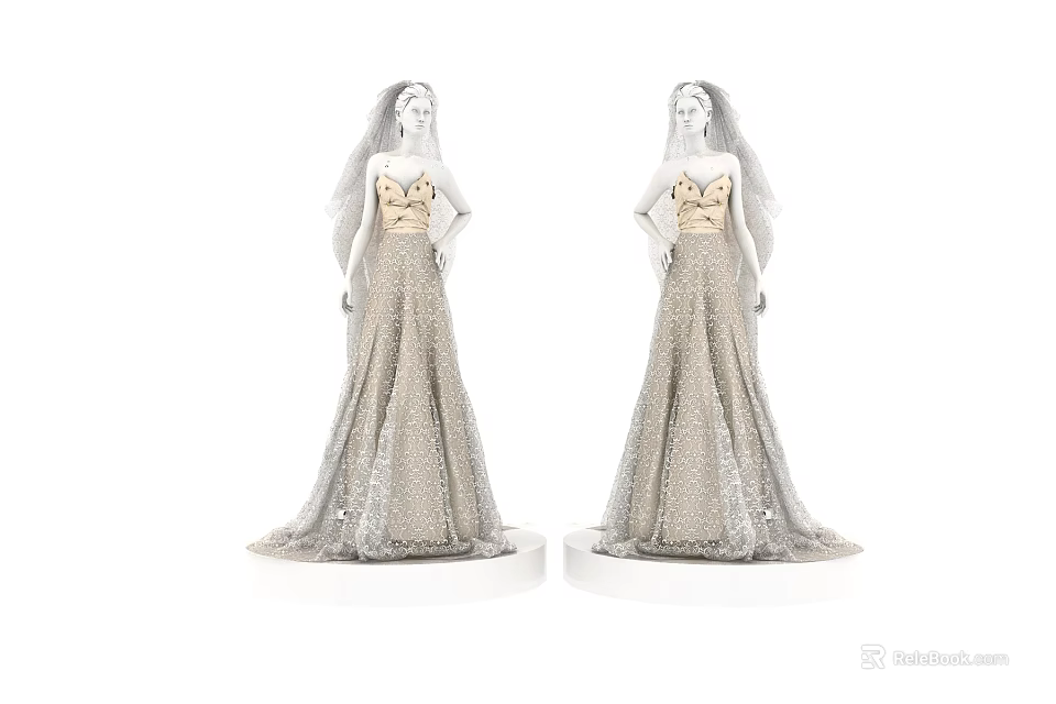 Sequined Long Wedding Dress With Fitted Top And Veil Displayed On Mannequins 3d model 