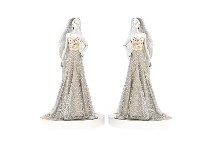 Sequined Long Wedding Dress With Fitted Top And Veil Displayed On Mannequins 3d model