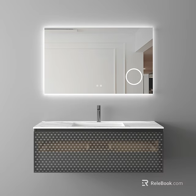 Modern Bathroom Vanity Cabinet With LED Mirror White Countertop Sink Silver Faucet And Dot Pattern 3d model 