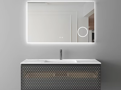 Modern Bathroom Vanity Cabinet With LED Mirror White Countertop Sink Silver Faucet And Dot Pattern 3d model