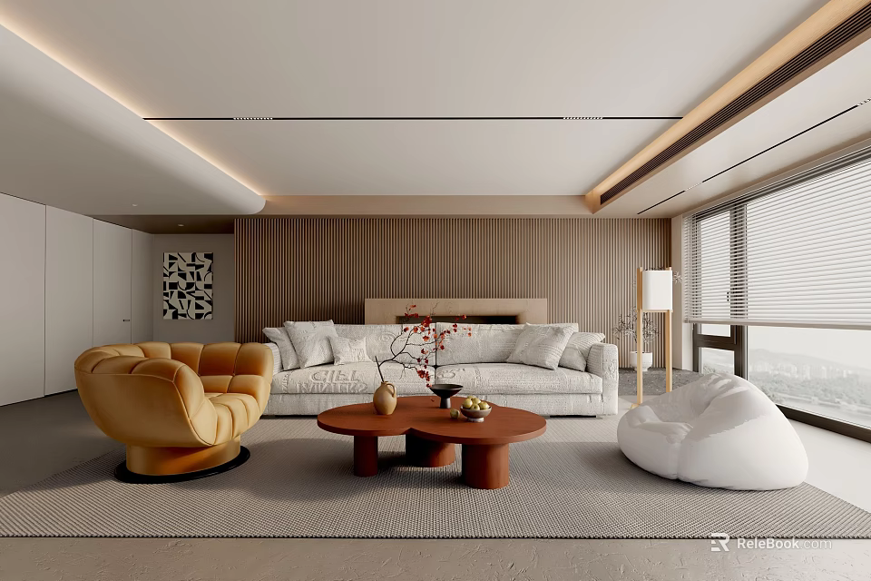 Modern Living Room Interior With Beige Sofa Yellow Armchair White Bean Bag And Wooden Coffee Table 3d model 