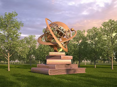Outdoor Globe Sculpture With Stacked Book Base On Green Grass And Trees 3d model