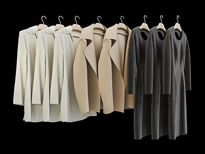 Stylish White Beige Gray Long Coats Hanging Neatly on Hangers 3d model