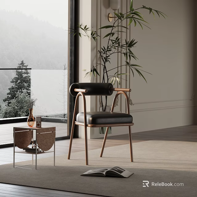 Modern Accent Chair With Wooden Frame Black Leather Seat Side Table Near Window Natural View 3d model 