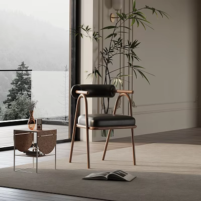 Modern Accent Chair With Wooden Frame Black Leather Seat Side Table Near Window Natural View 3d model