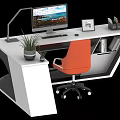 Modern Office Desk With Computer Monitor Keyboard Mouse Photo Frame Potted Plant And Orange Chair