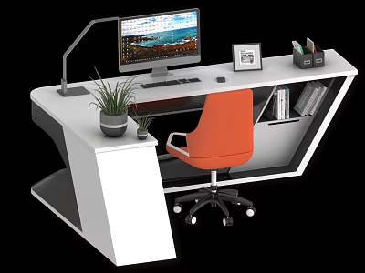 Modern Office Desk With Computer Monitor Keyboard Mouse Photo Frame Potted Plant And Orange Chair 3d model