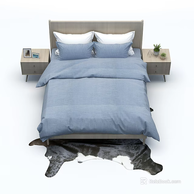 Double Bed Featuring Blue Bedding Pillows Bedside Tables Photo Frame Potted Plant and Fur Rug 3d model 