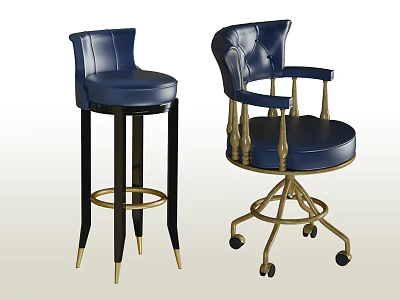 Modern Blue Leather Bar Stools With Gold Metal Frames And Rolling Wheels Design 3d model