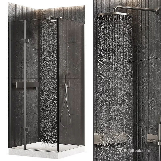 Black Rainfall Shower Head With Handheld Spray In Modern Bathroom Tile Wall 3d model 