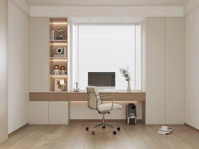 Modern Home Office Bookcase with Window Blinds Computer Desk Chair and Minimalist Style 3d model